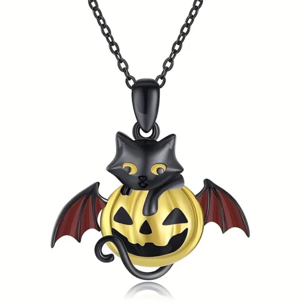 Black Cat On Bat Winged Jack O Lantern Necklace-NEW